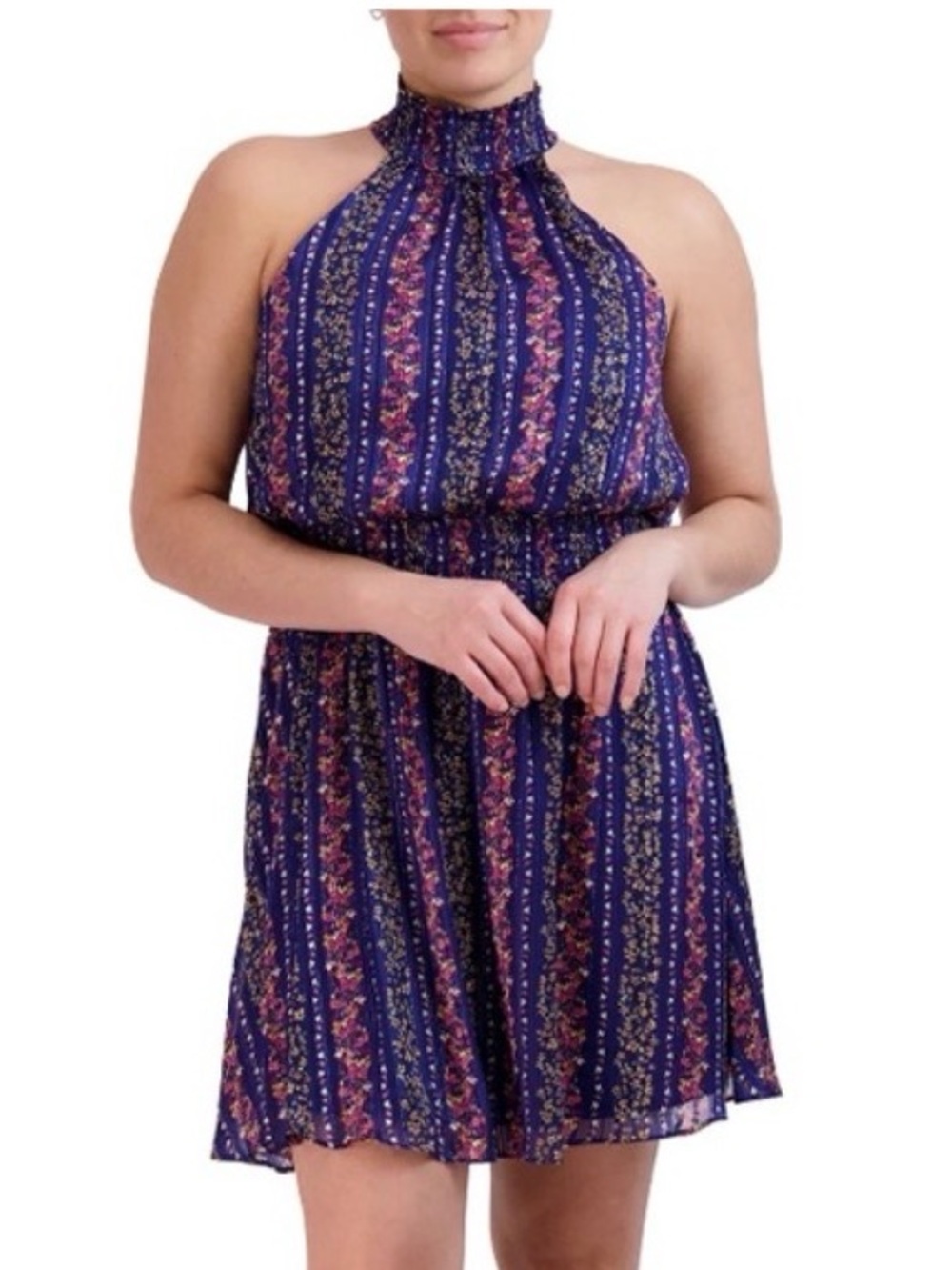 BCBG Paris Smocked Halter Floral Stripe Mini Dress Boho Flowy Size M